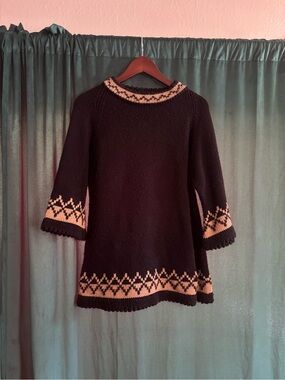 70’s Black Knit Sweater with Tan Fair Isle Trim